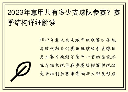 2023年意甲共有多少支球队参赛？赛季结构详细解读
